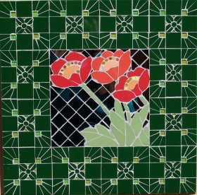 Mosaic mirror with poppies with a Victorian tile themed frame